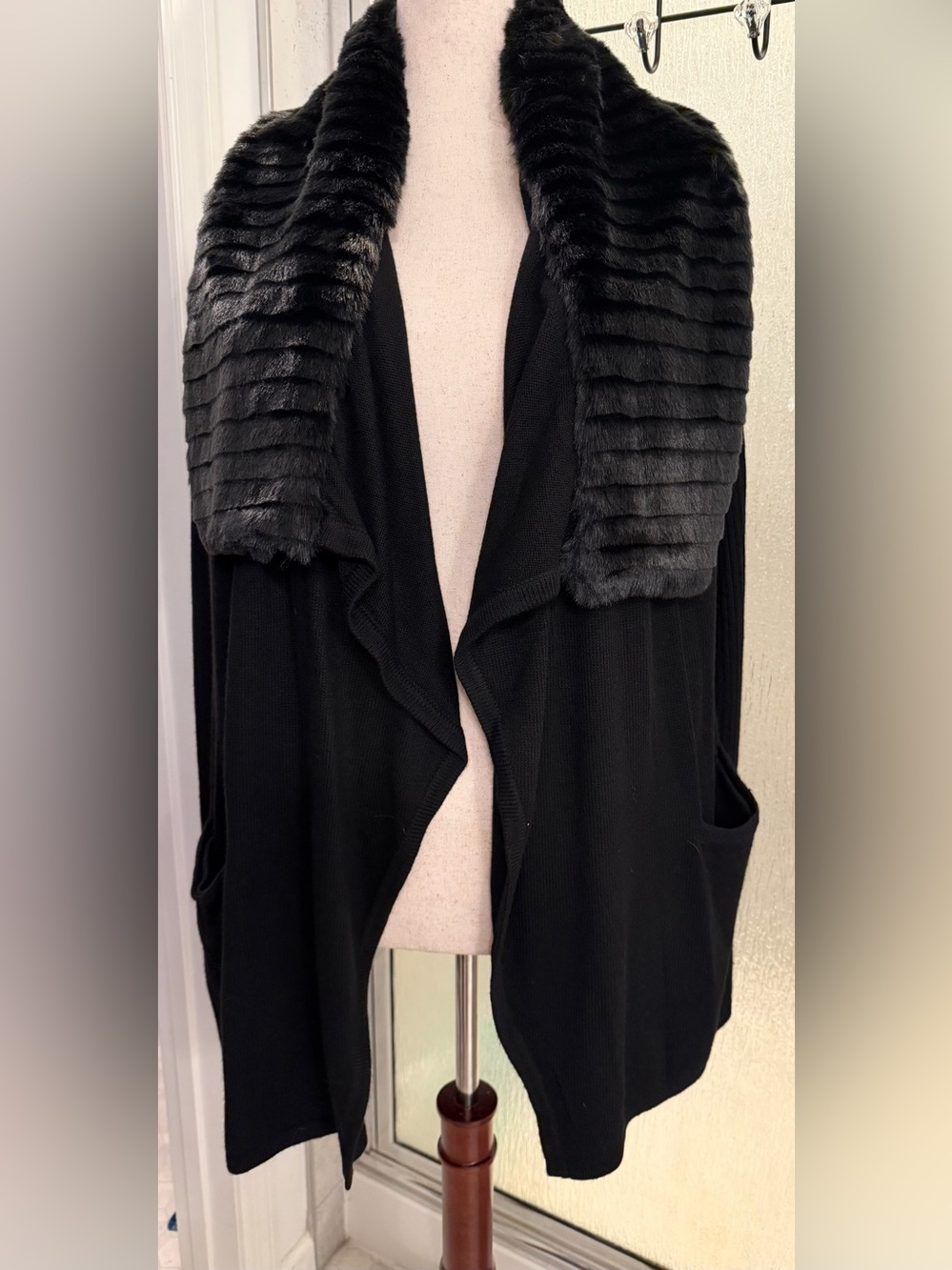 Charter Club Black Open Front Faux Fur Sweater 1X NWT Wool Blend $50
